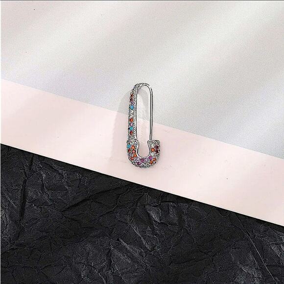 Silver Multicolor Rhinestone Safety-pin Earring, Minimalist, Punk - Picture 5 of 5
